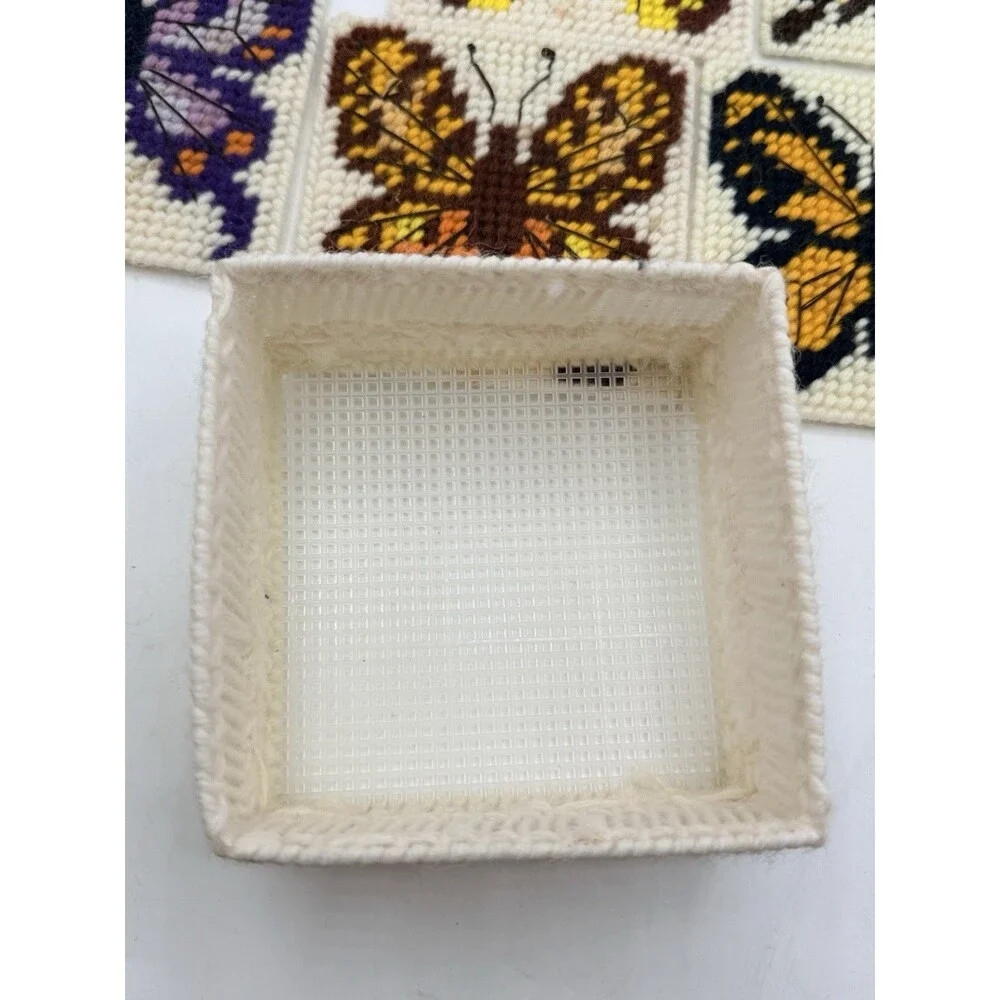 VTG 5 Butterfly Monarch + Handmade Plastic Canvas Coaster Sets w/ Basket Holder